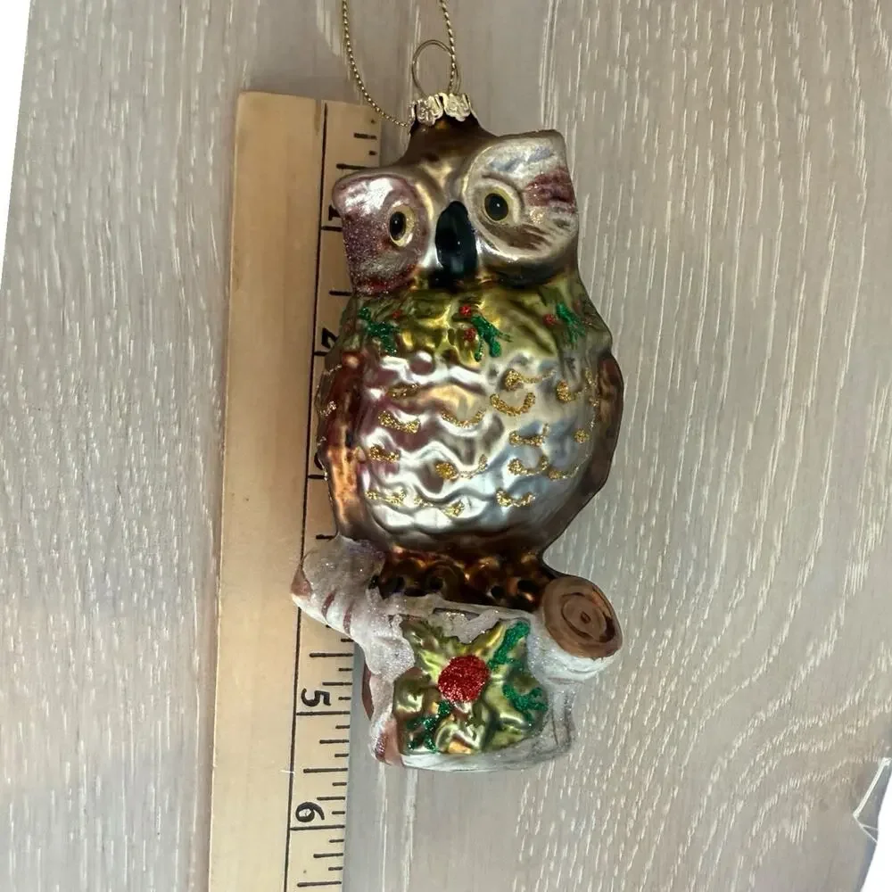 Hand Blown Rustic Owl Stump Poins Glass Ornament 5
